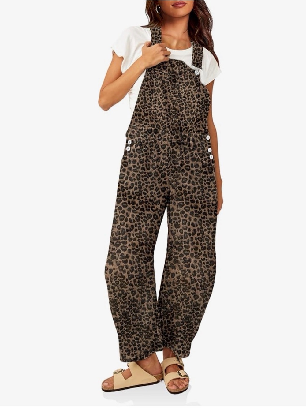 Leopard Print Wide-Leg Barrel Overalls - Brown